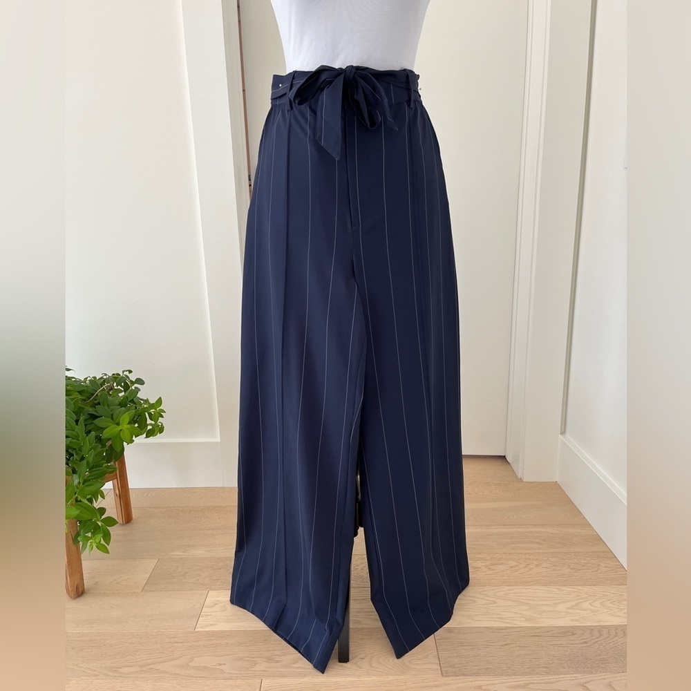 MPG Wide Leg Pant Navy Blue Pinstripe Tie Waist Lightweight Travel  Office